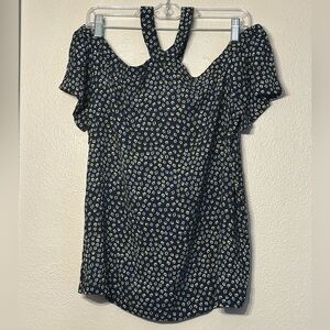 LOFT Women’s Cold Shoulder Strappy Neck Keyhole Geometric Blouse Navy Blue L